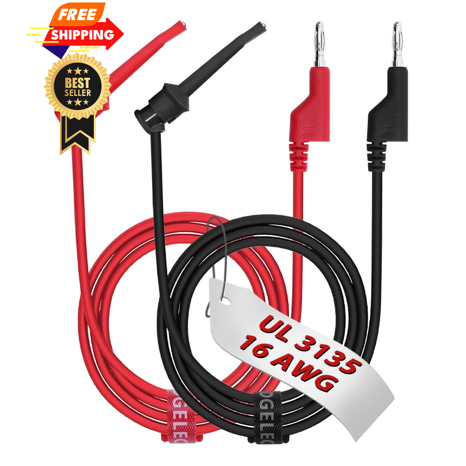 16 Gauge 2pcs/3.3Ft 4MM Banana Plug to Test Hook Clips UL3135, 3.3 Ft(1m) 