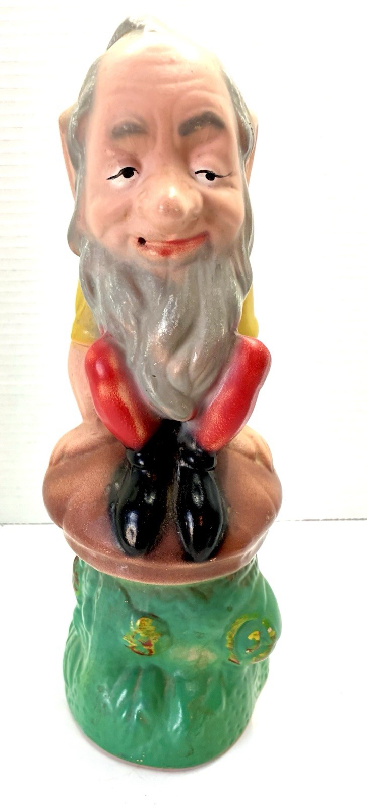 Antique Gnome On Mushroom Ceramic Statue Hand Painted 11” Tall Vintage