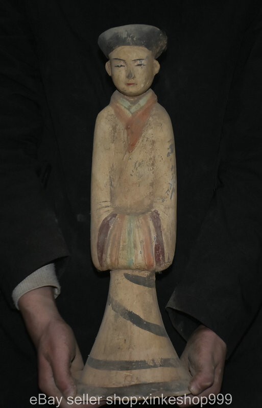 16" Old Chinese Tang Sancai pottery Porcelain stand snake head Human Sculpture