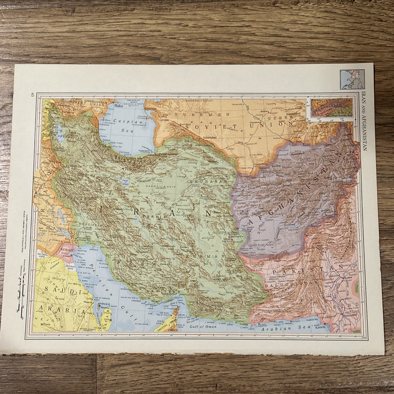 Antique 1956 Map Of Iran And Afghanistan 14”x11”