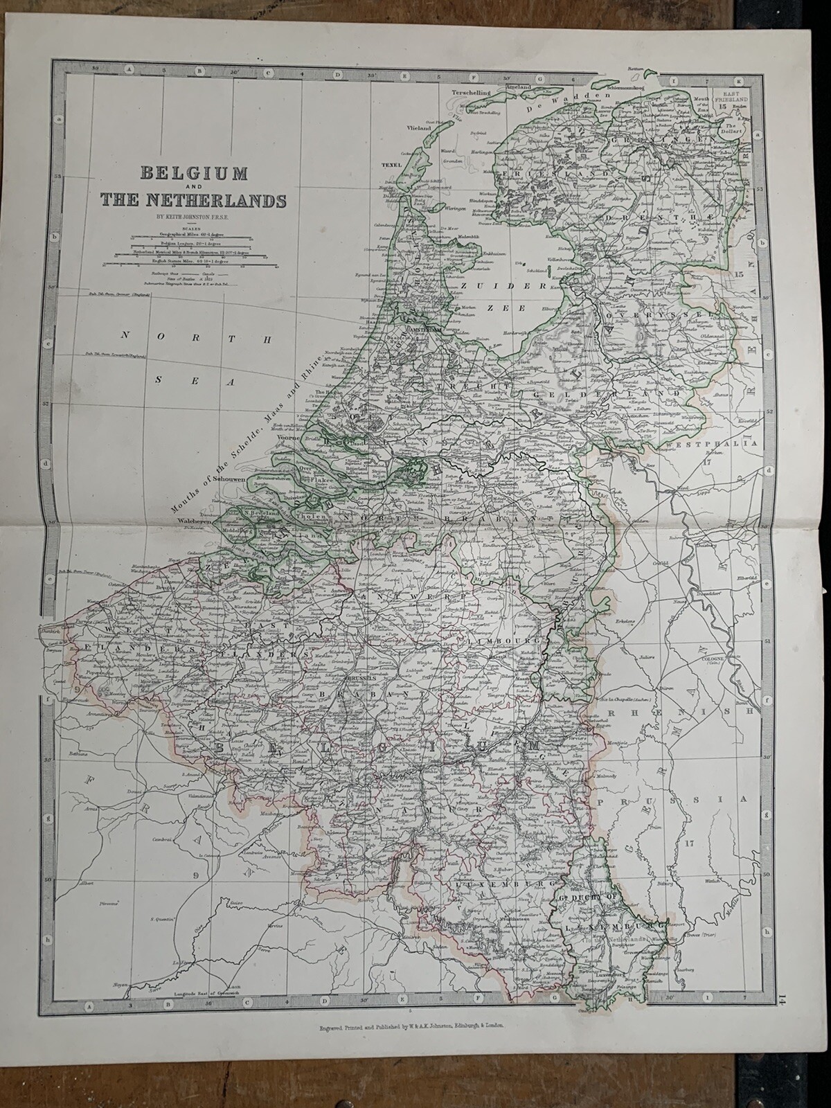1880 HOLLAND & BELGIUM HAND COLOURED ORIGINAL ANTIQUE MAP BY JOHNSTON