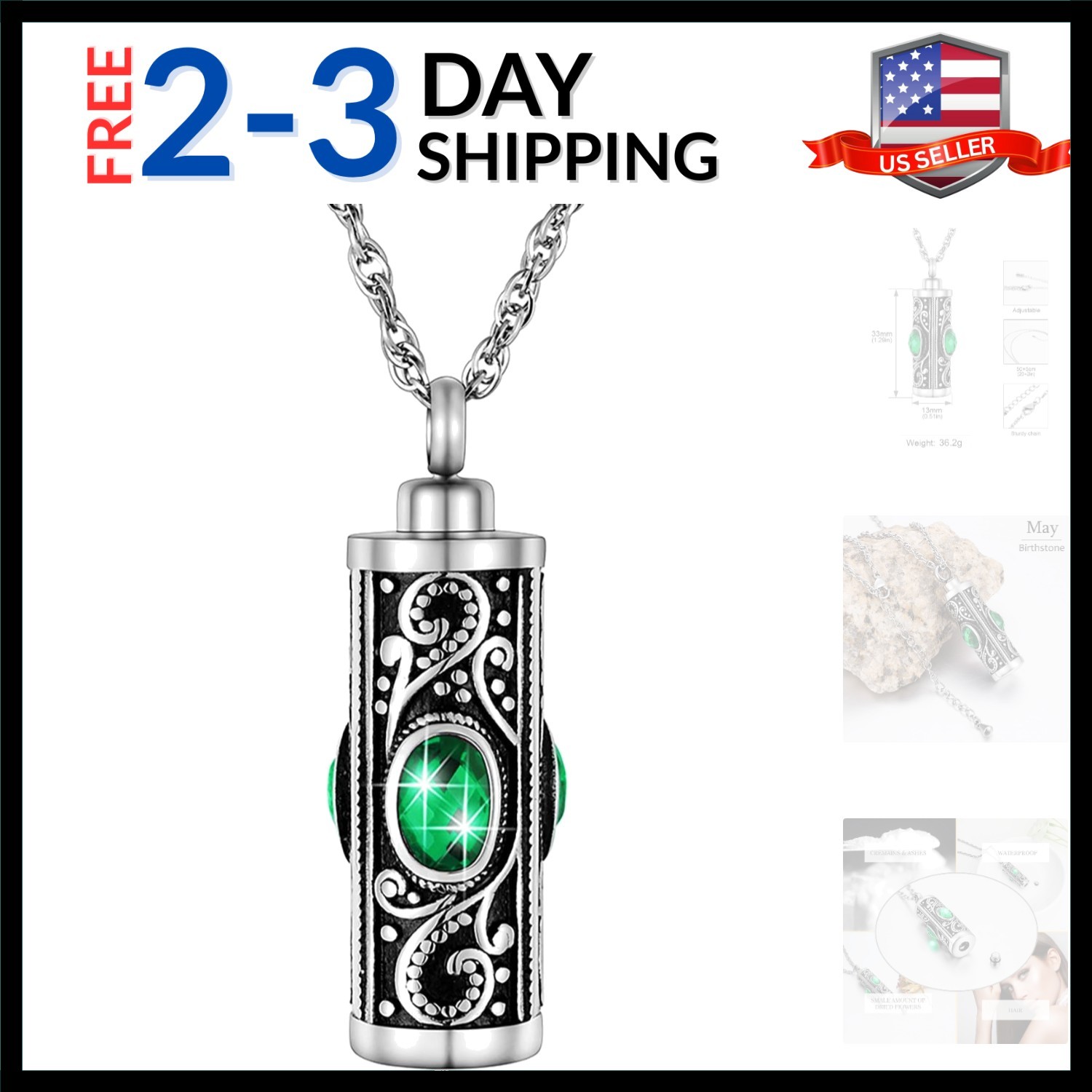 Crystal Cremation Urn Necklace for Ashes Keepsake Stainless Steel Memorial Pe...