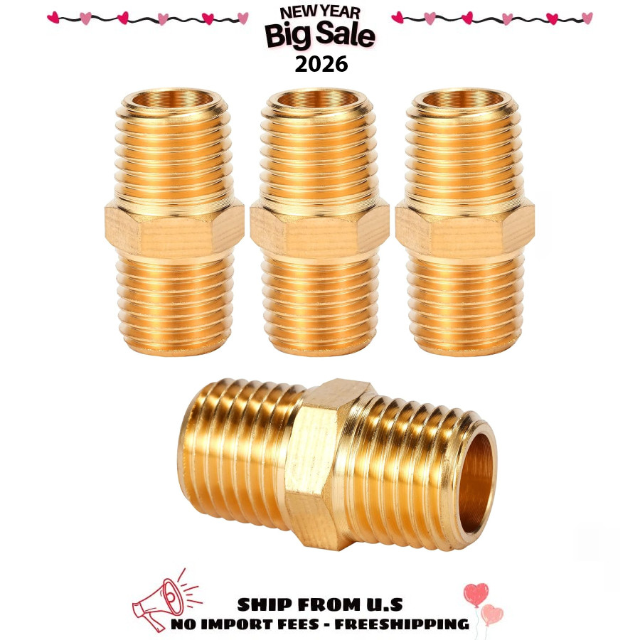 4 pcs Solid Brass Pipe Fitting, Hex Nipple, 1/4" x 1/4" NPT Male Pipe Adapter