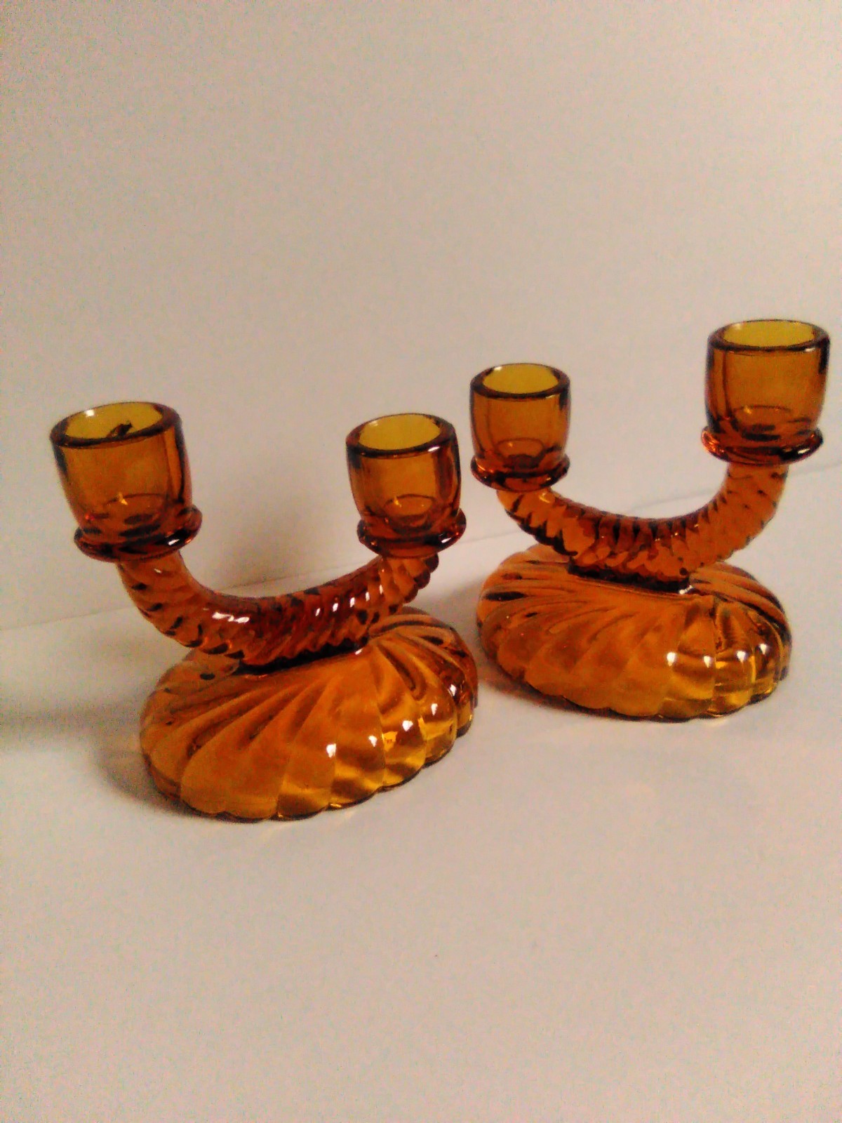😍30's IMPERIAL Depression Glass Dual Swirl Candle Stick Holders Newbound Amber