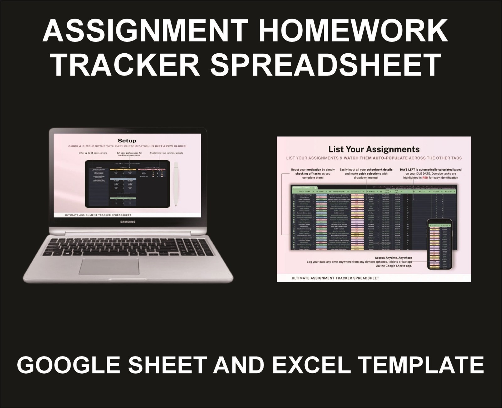 Assignment, Homework Tracker, Excel and Google Sheets Template
