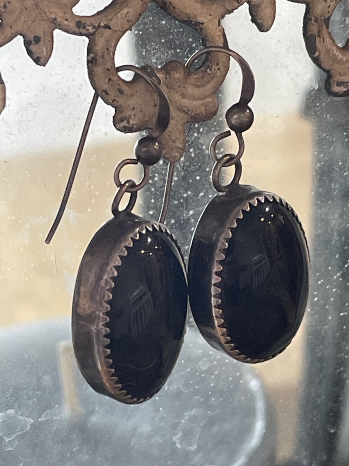 Rick Werito Marked Sterling Silver Navajo Onyx Dangle Earrings