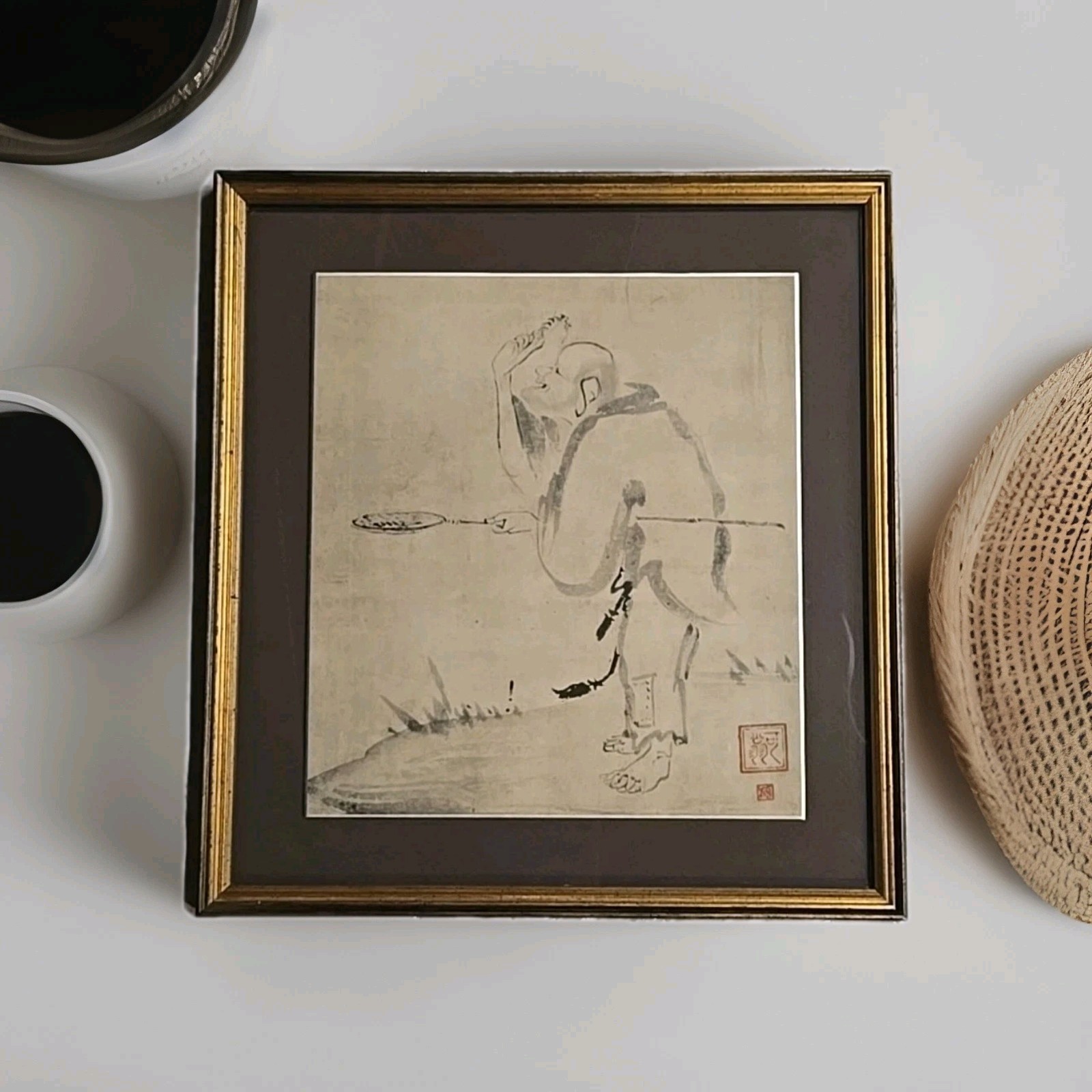 Japanese Ink Sketch Drawing Framed Art Picture Agriculture Monk Peasant Signed