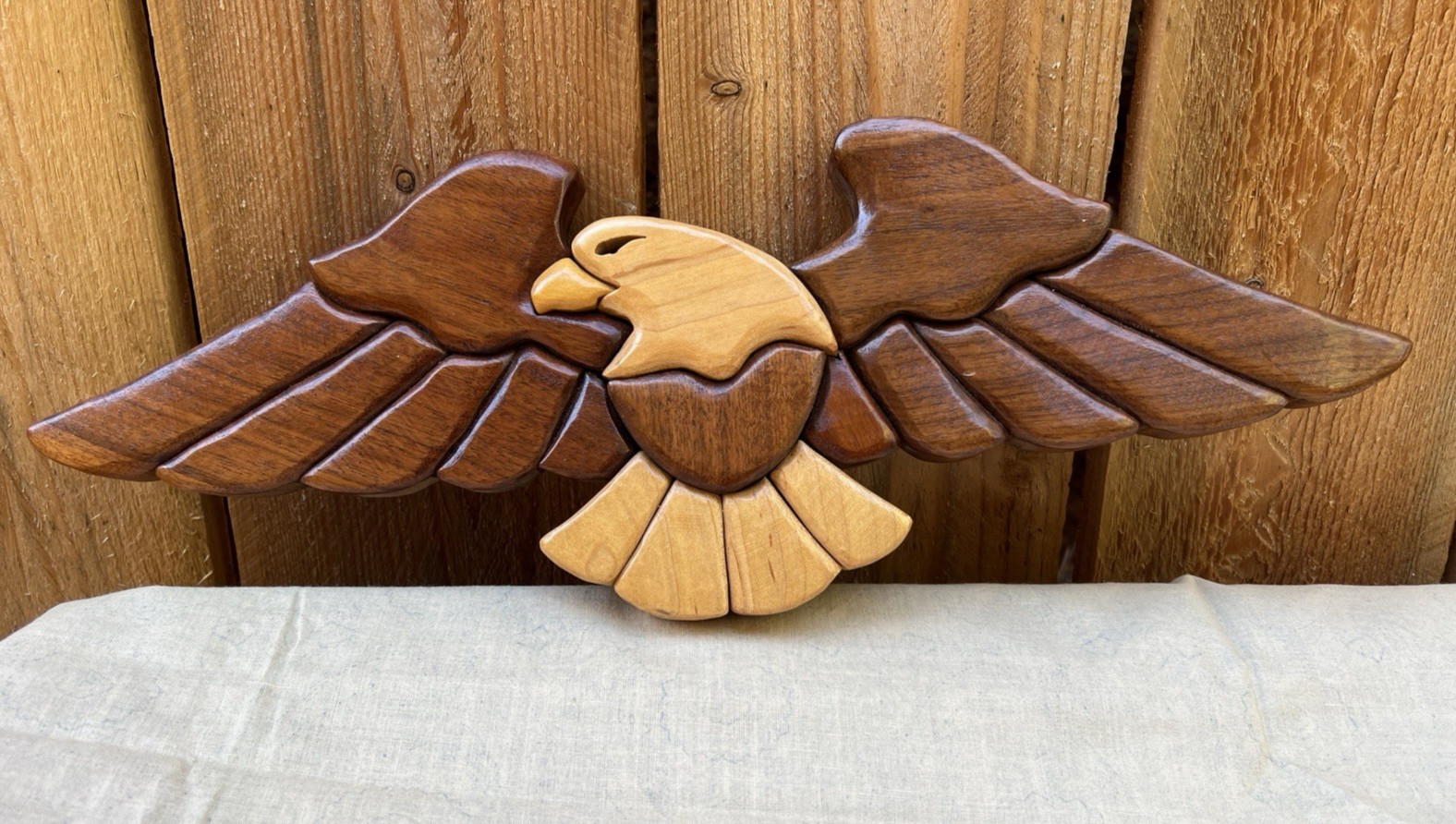 Handmade Intarsia Wood Art American Eagle 15" x 5.5" Artist Signed