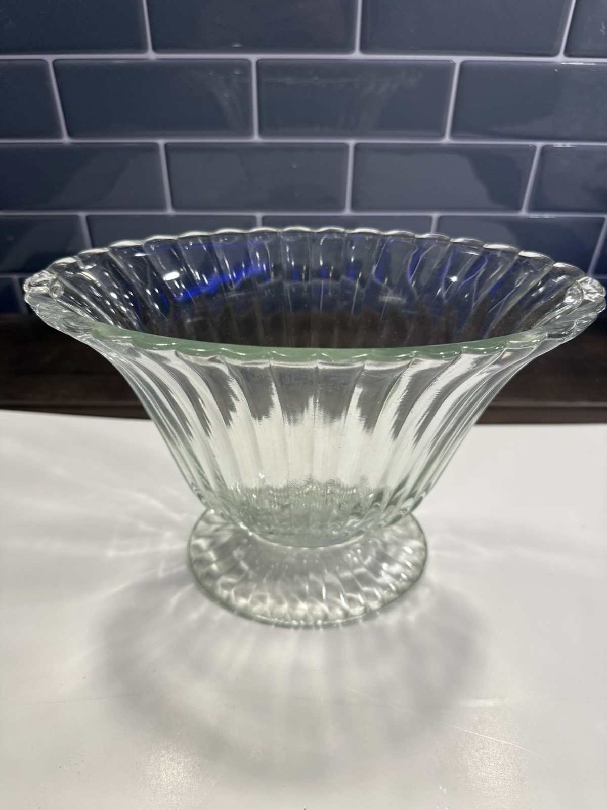 Vintage Clear Glass Oval Fan Shape Vase Footed Ribbed Fluted Vase 9" x 6" x 4"