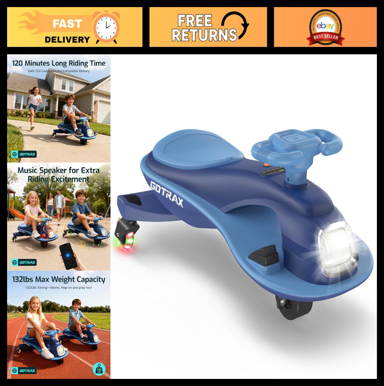 Electric Wiggle Car for Kids, 12V Battery, 120 Min Playtime, Music Speaker, Easy