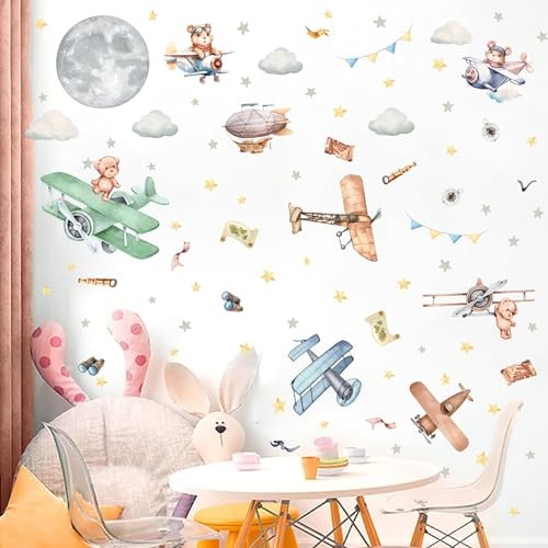 Vintage Wall Decals Cartoon Aircraft Balloon Animal Wall Stickers Moon Airplane