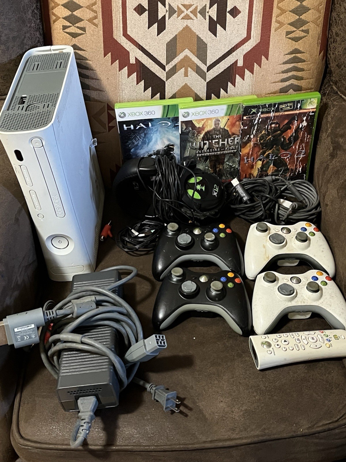 Xbox 360 Console Lot w/ Controllers, Remote, Power Supply & Halo, Witcher Games