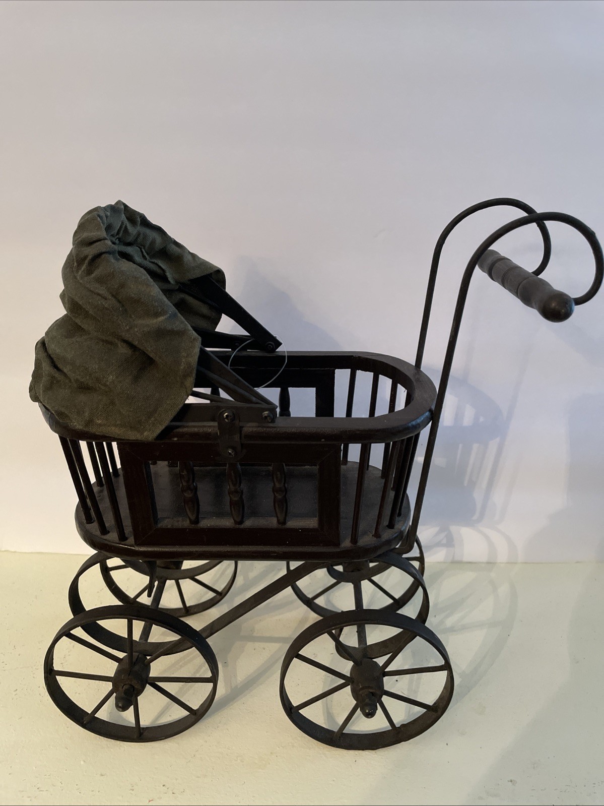 Antique Pram Baby Doll Carriage Wood Moleskine And Metal Sturdy Beautiful Toy