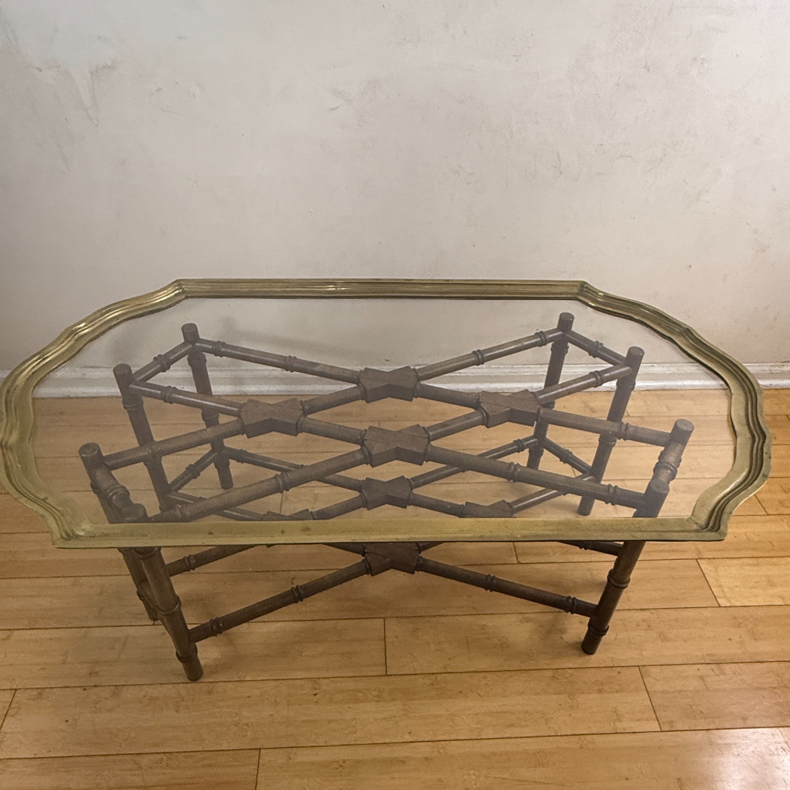 Vintage MCM Baker Style Brass & Glass Coffee Table Faux Bamboo 42" x 23" x 16"