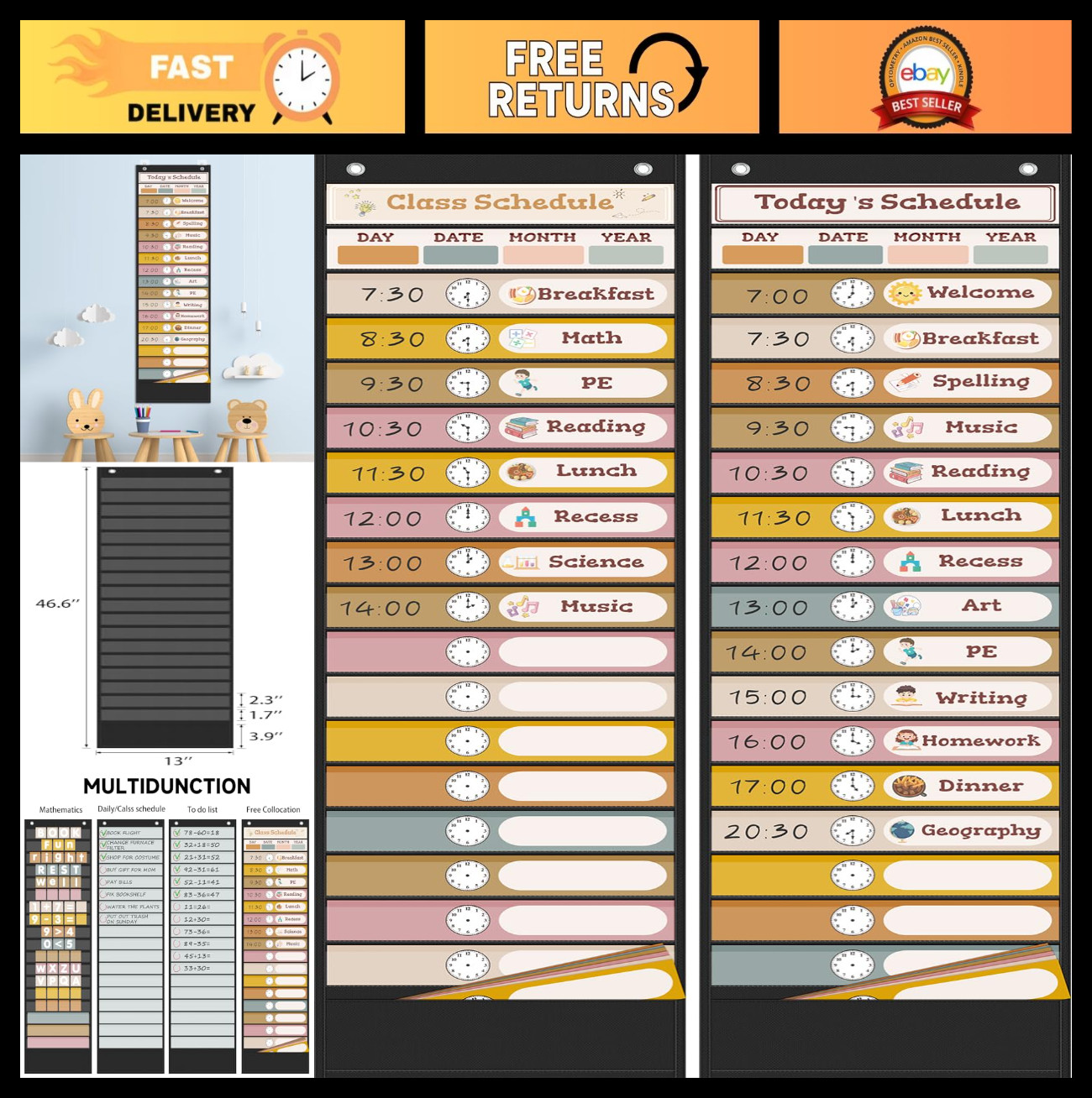 18+1 Pocket Daily Schedule Chart for Kids - Reusable Cards, Classroom Organizer,