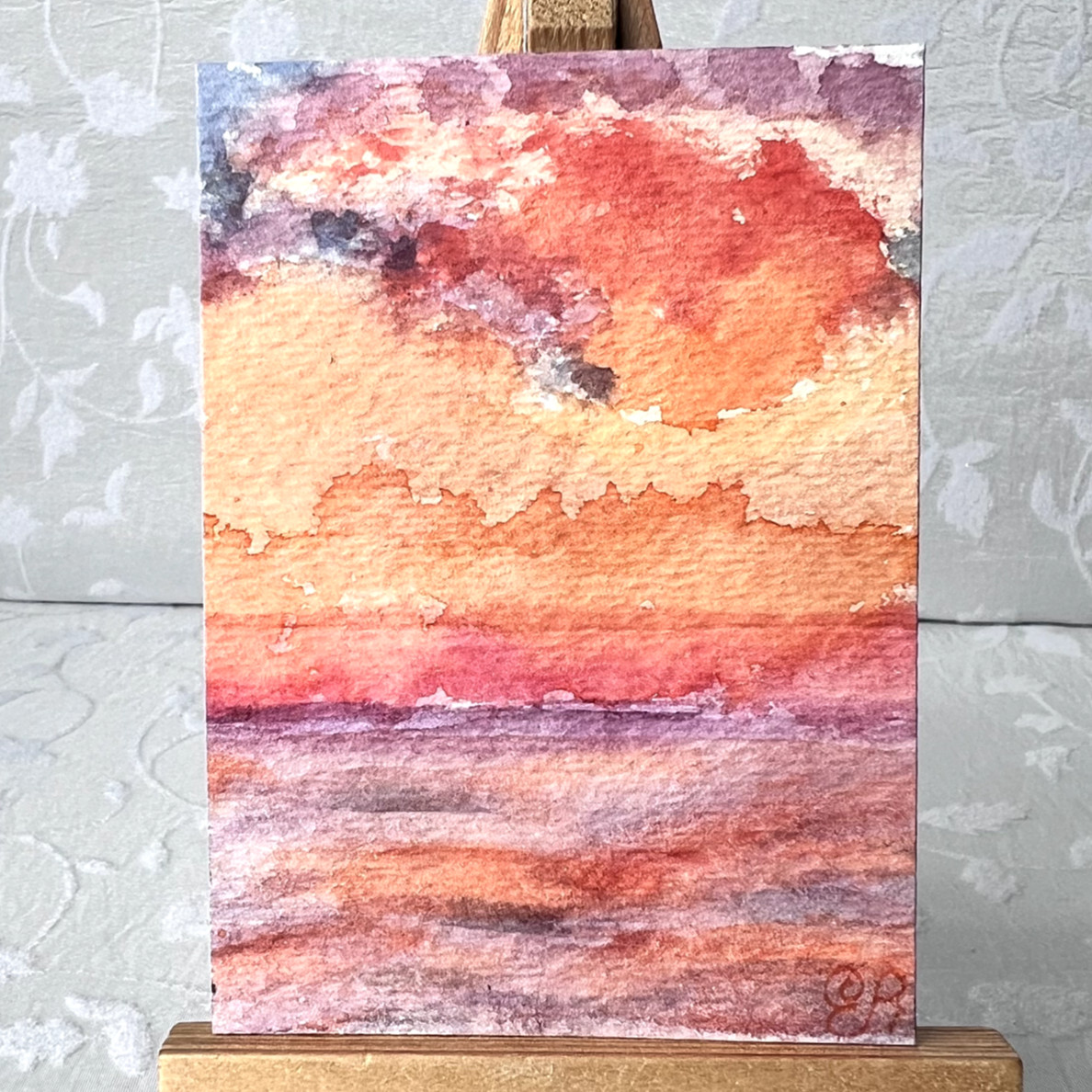 ACEO Original, Sunset Over the Ocean #2 Mini Art Watercolor Painting by Zabeth