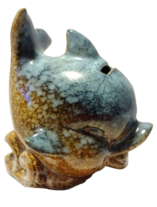 Vintage Small Chubby Dolphin Piggy Bank Blue Tan Brown 5" tall B2