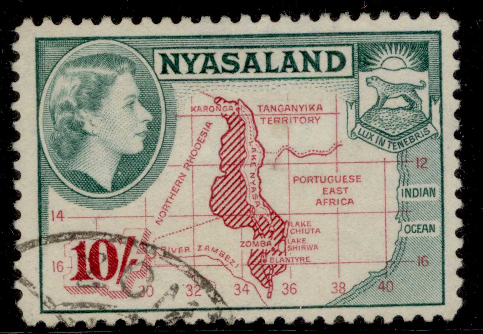 NYASALAND QEII SG186, 10s carmine & deep emerald, FINE USED. Cat £32.