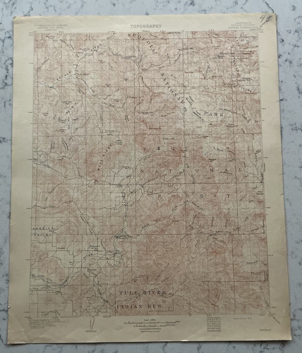 ANTIQUE KAWEAH CALIFORNIA GEOLOGICAL SURVEY TOPOGRAPHICAL MAP 1909 USGS