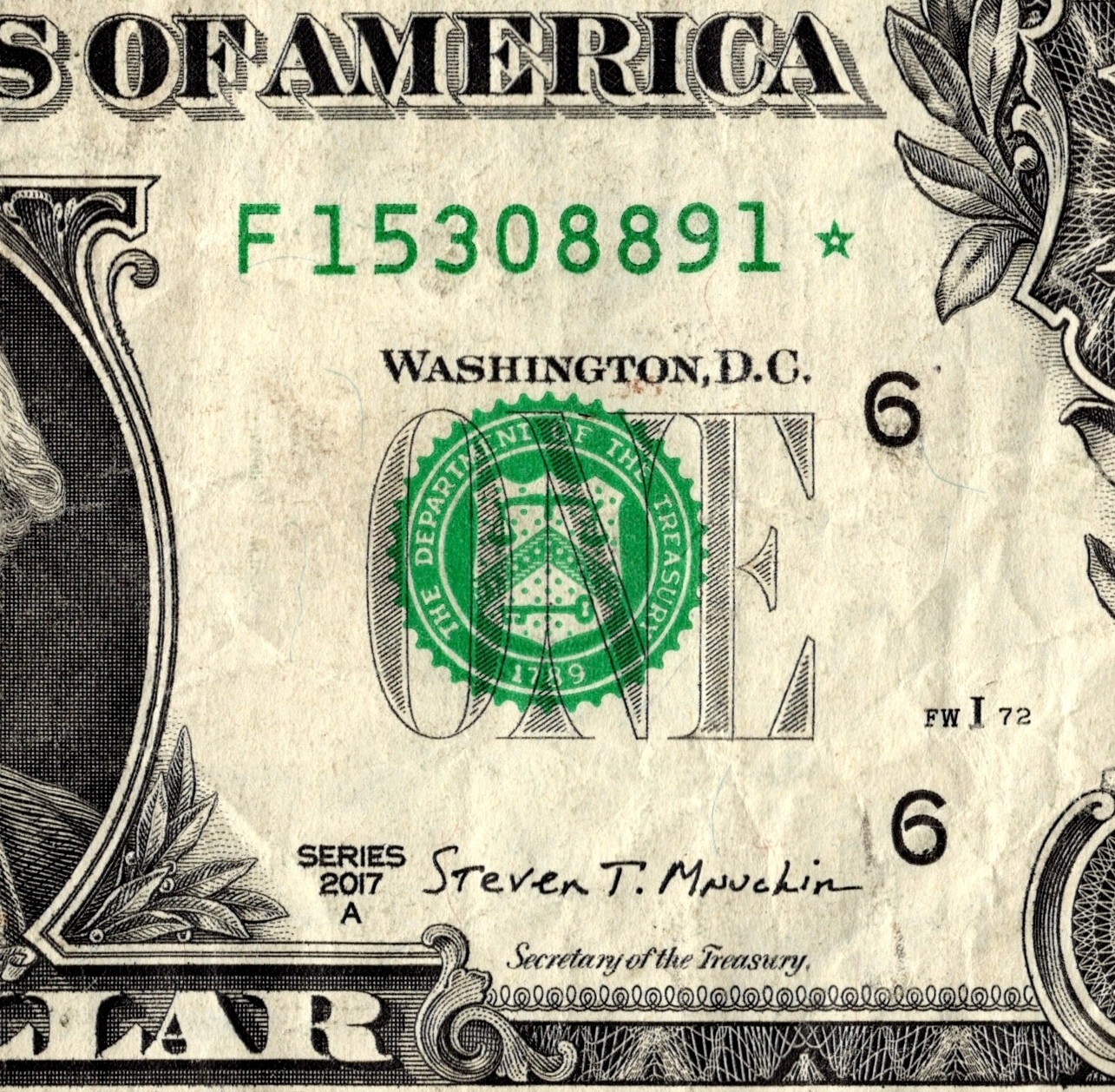 2017 F Star Note FANCY SERIAL NUMBER ONE DOLLAR Regular Run