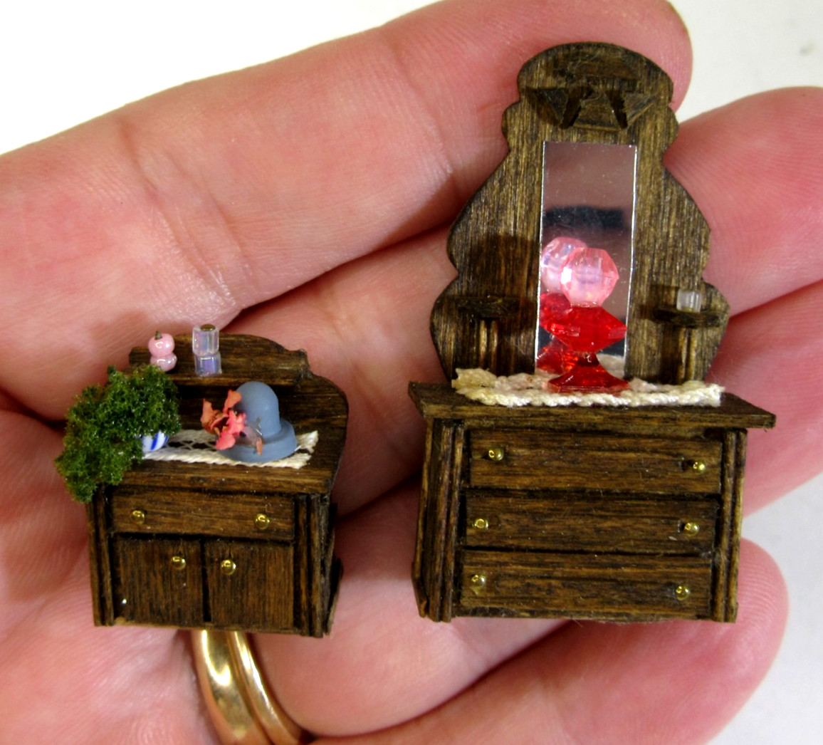 Dollhouse miniature OOAK artisan tiny 1:48 wood dressers + sculpted clay hat +++