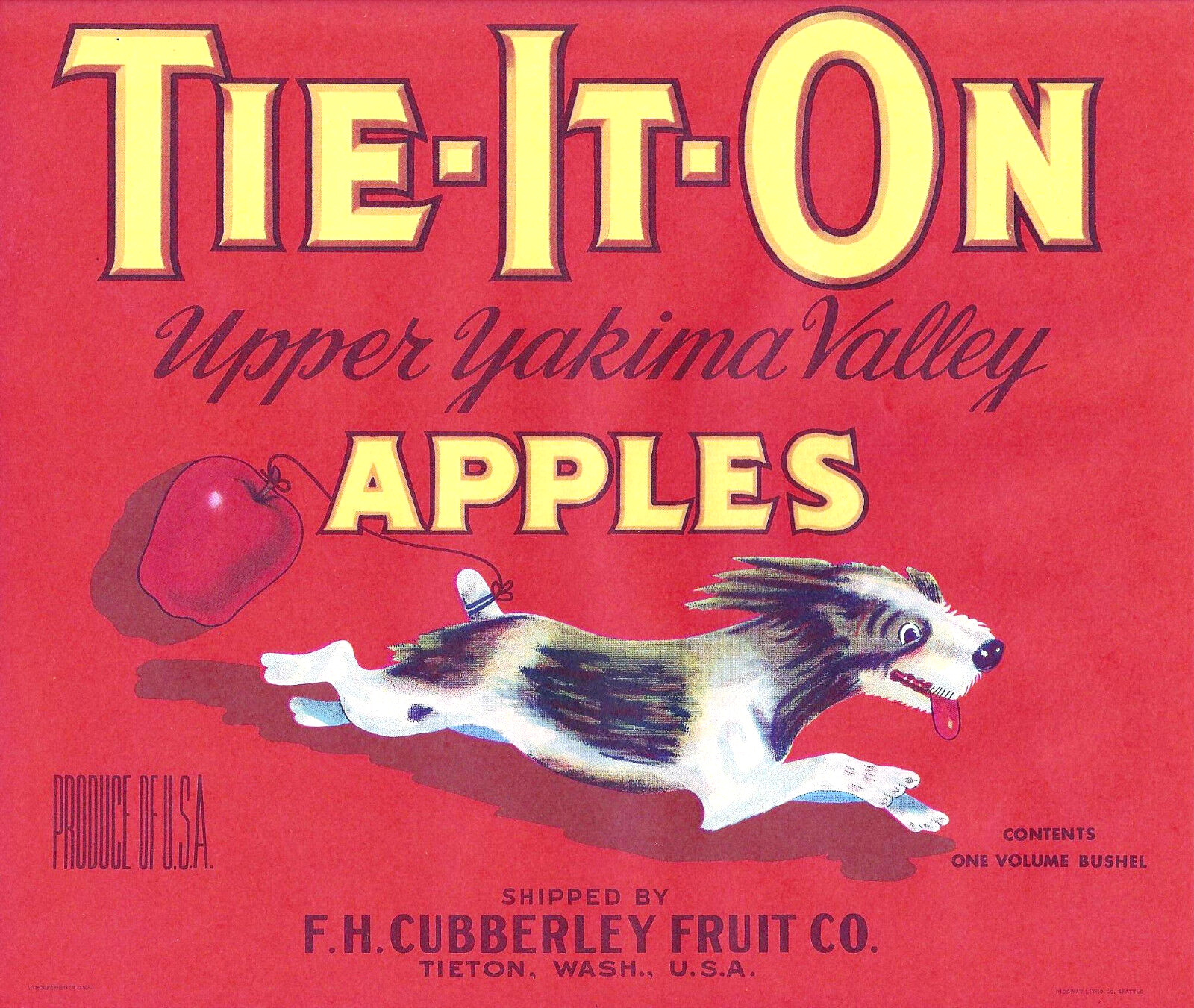 Original scarce Tie-it-On red apple crate label Tieton, Washington Cubberley