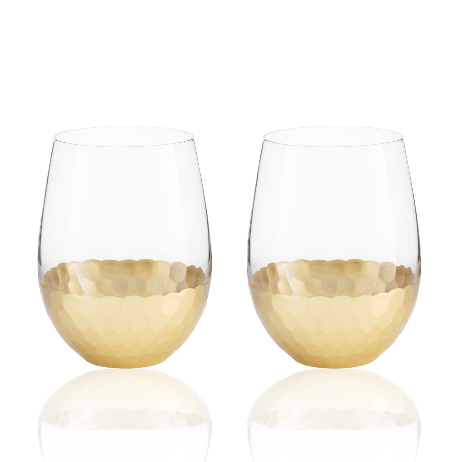 Stemless Wine Glasses, Set of 2, 18 Oz, Gold Honeycomb Design