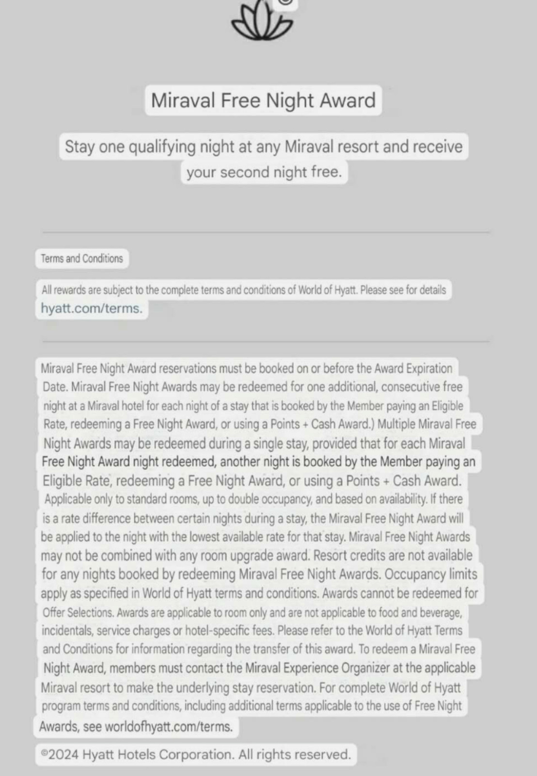 Miraval resorts free night award Hyatt valid to May 6 2026 but 1 get one free 