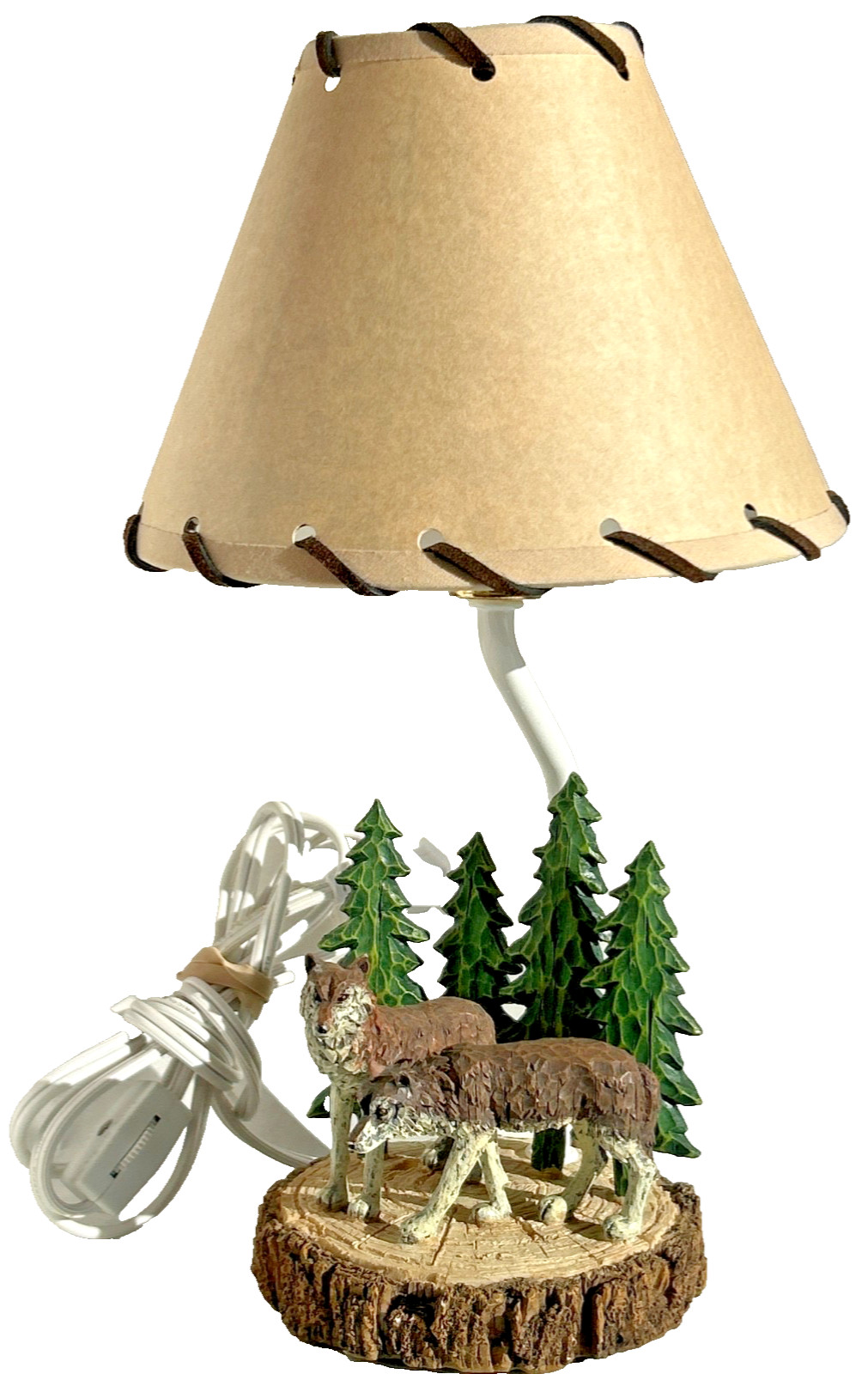 Wolf Pair TABLE LAMP Tree line 12” Resin WILDLIFE Cabin WORKS Laced Shade 15watt