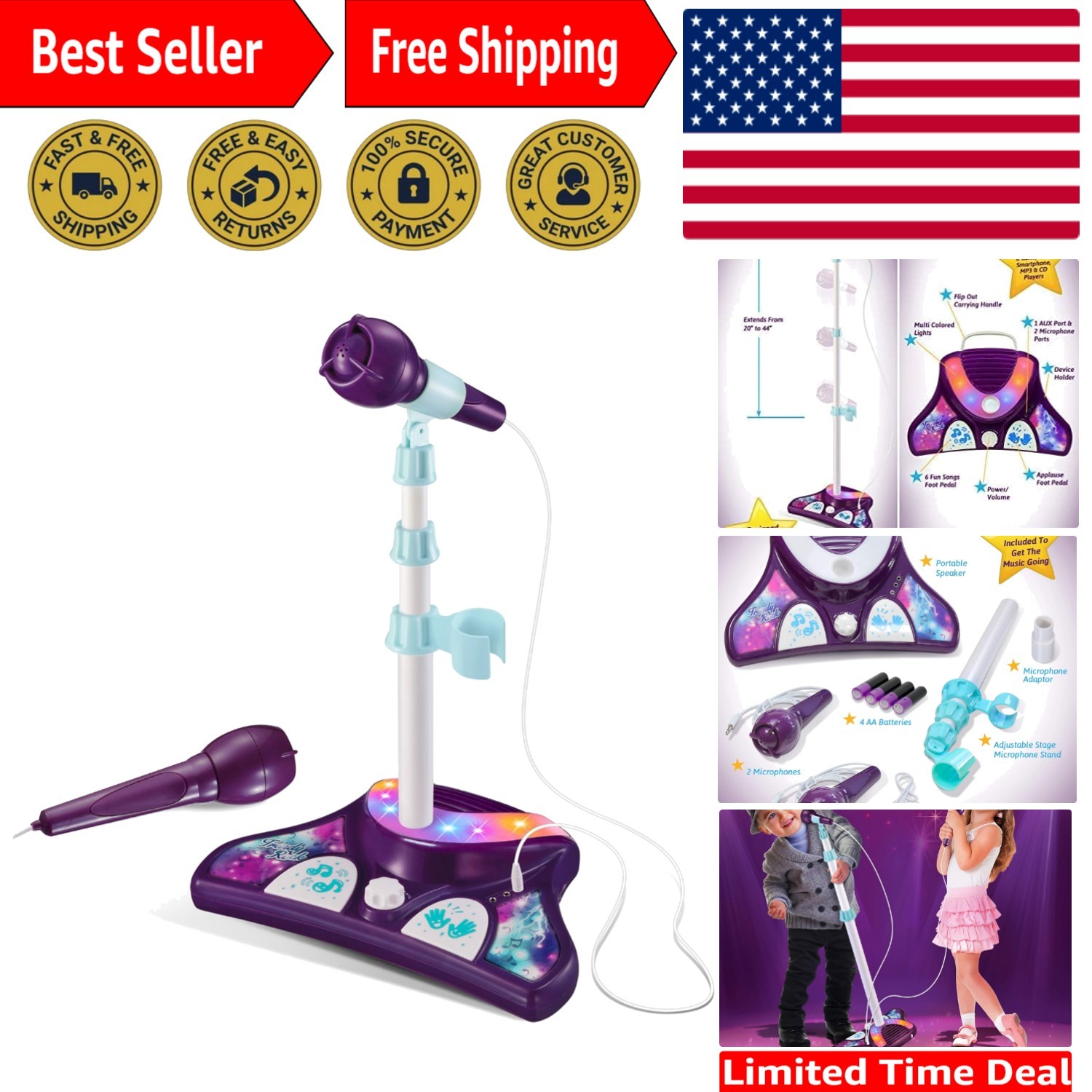 Interactive Karaoke Machine for Kids - 2 Wireless Mics, Built-in Songs & Lights