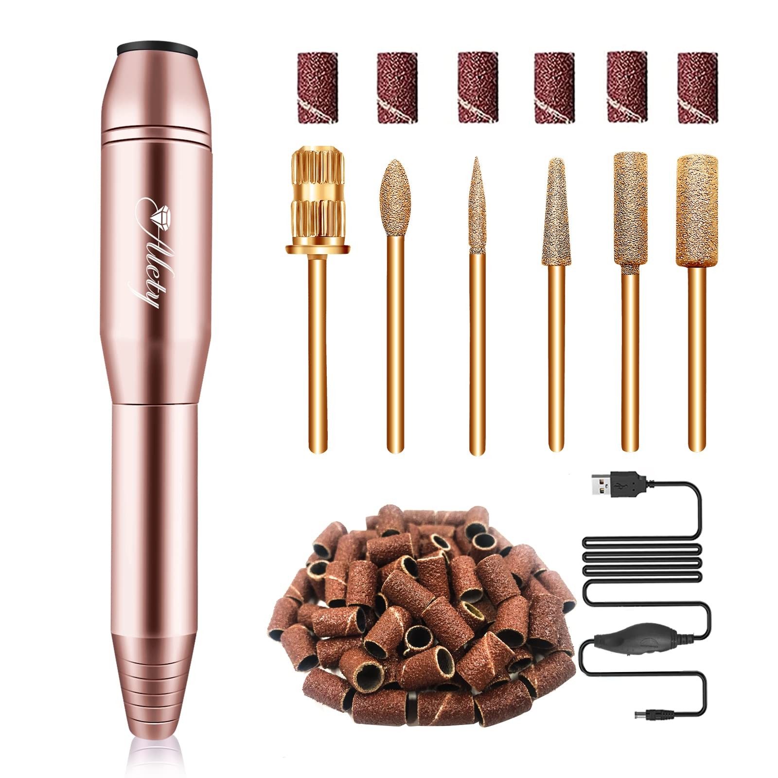 Alety Electric Nail Drill Kit - Portable File for Acrylic Gel Nails, Gold 