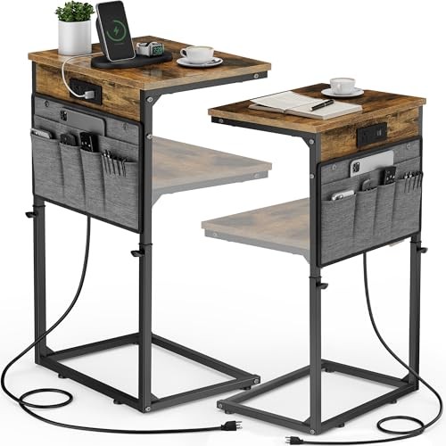  C-Shaped End Table Set of 2 with 16"D x 12"W x 17.7-33"H 2pc Rustic Brown