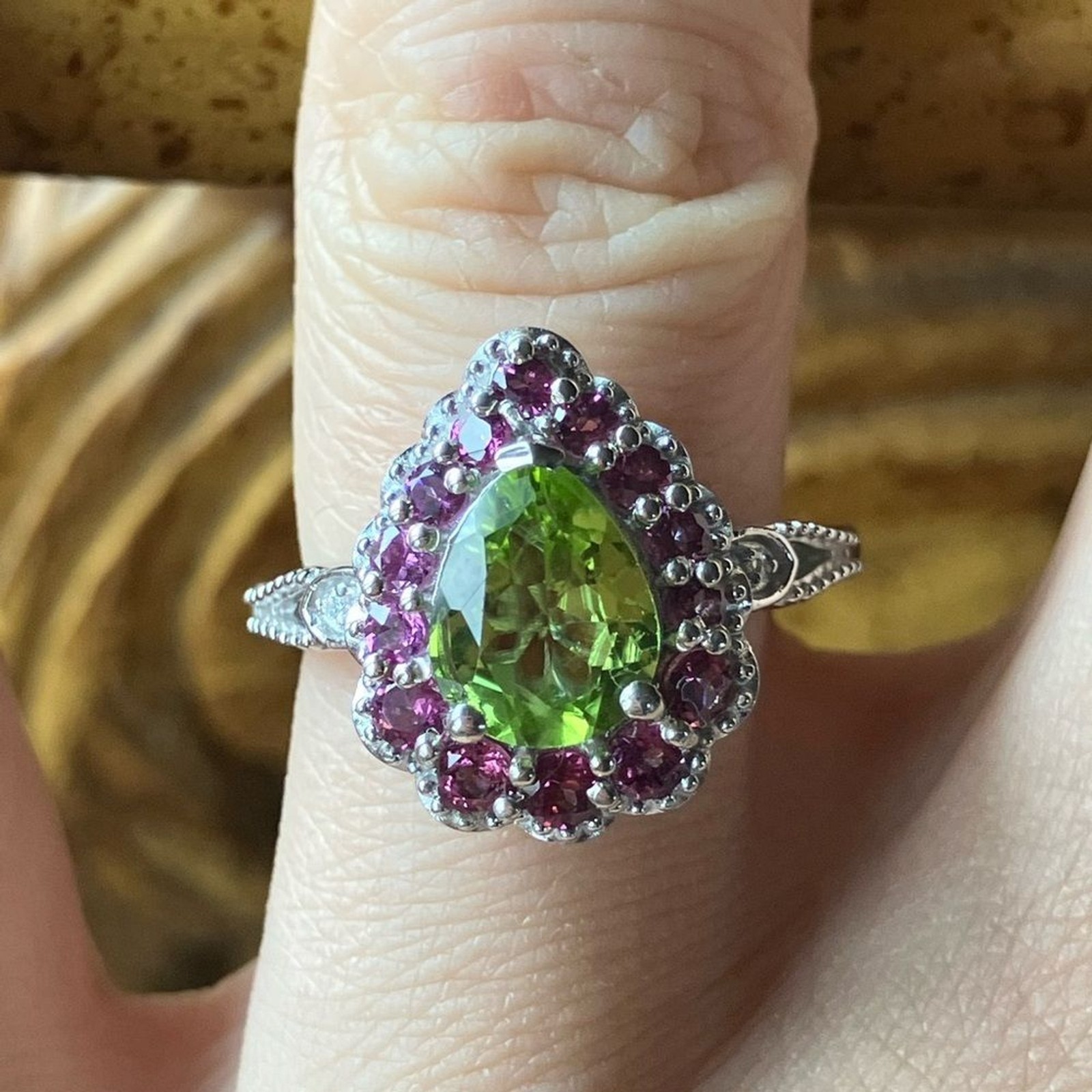 Natural Peridot Garnet Sterling Silver Ring Size 7