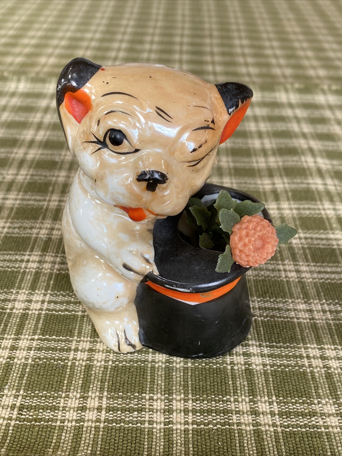 Vtg DOG Winking BONZO Top Hat Toothpick Match Holder Mini Vase Luster Ware Japan