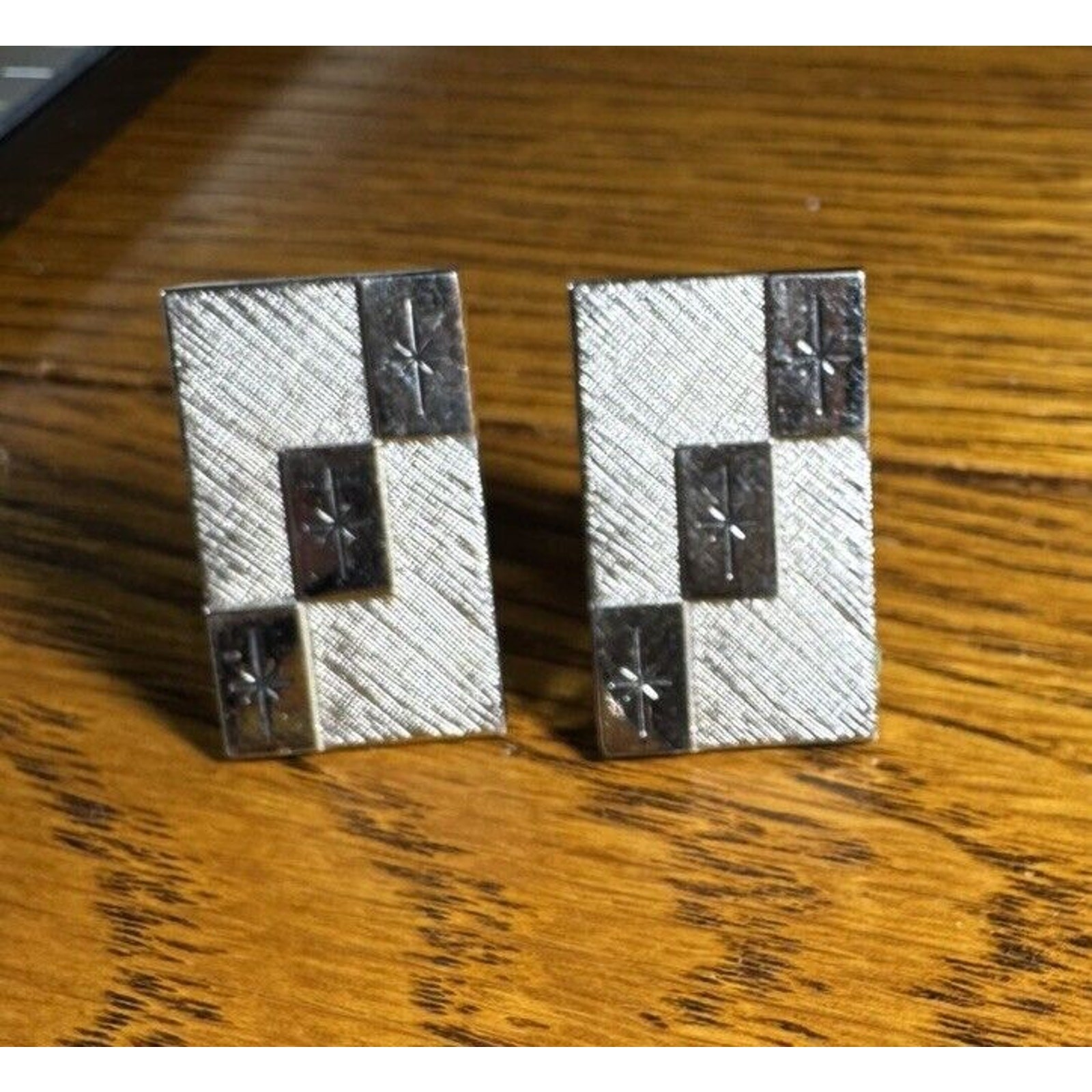 Vintage Swank Cufflinks Rectangle Silver Tone Faux Starburst Swivel Bar Toggle