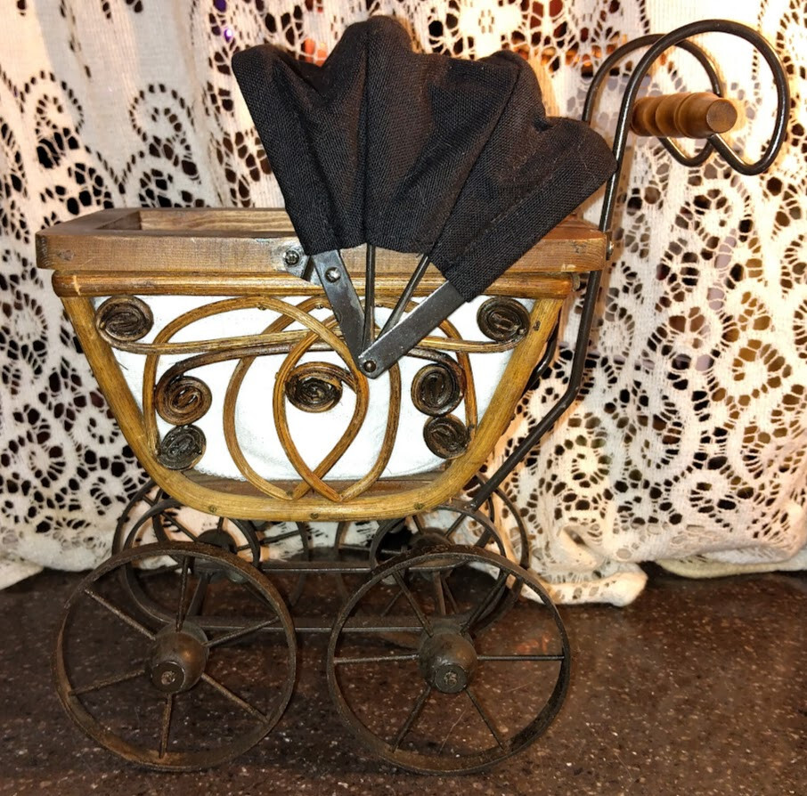 Baby Doll Carriage Buggy Pram Victorian Style Vintage Wicker Rattan Metal Wheels