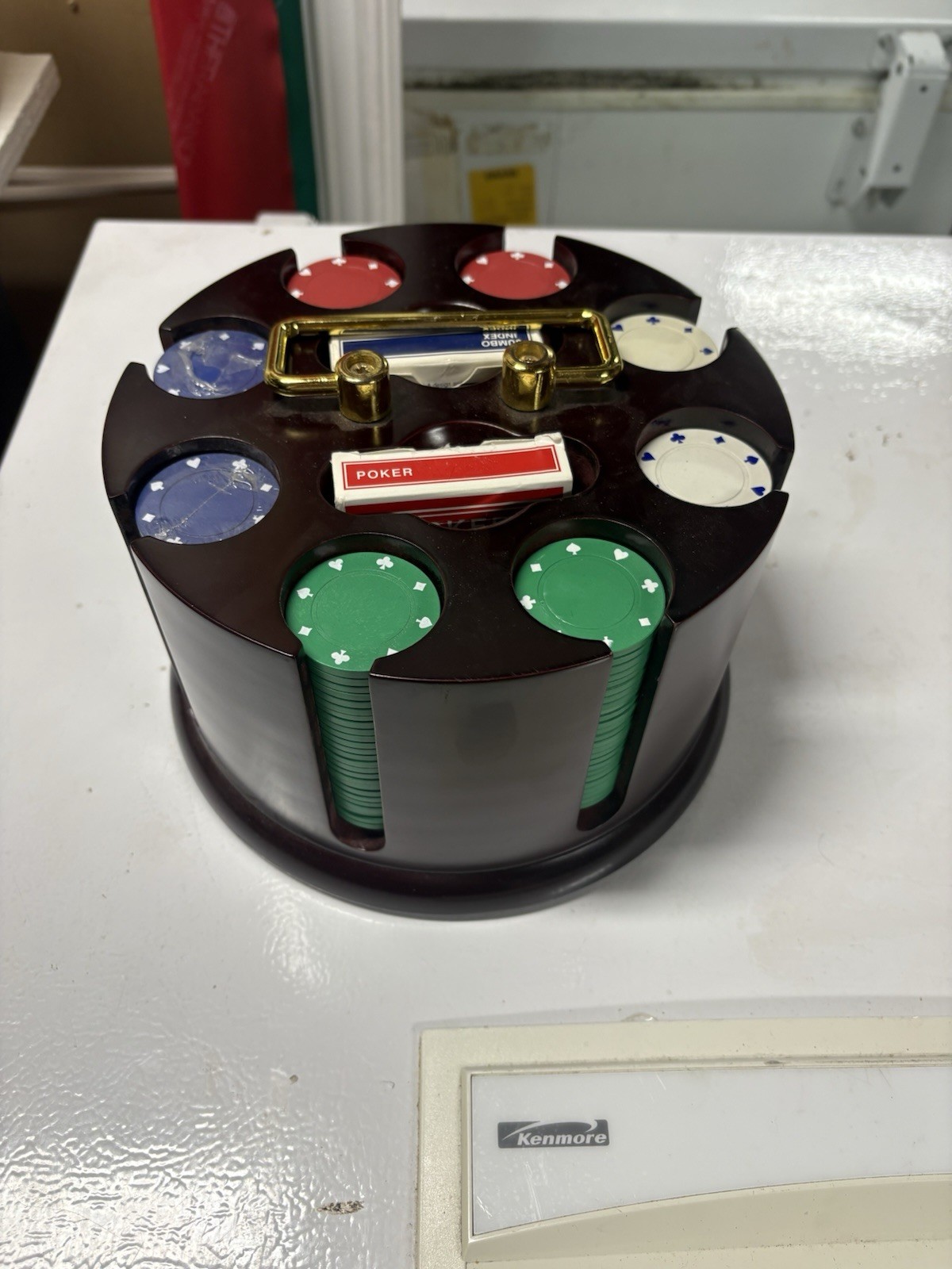 Vintage Dark Wood Poker Chip Caddy Carousel with Chips And 2 Decks w/ Lazy Susan