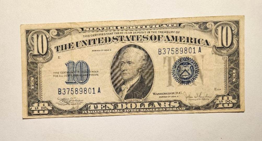 1934 C  Ten Dollar Silver Certificate Blue Seal Note