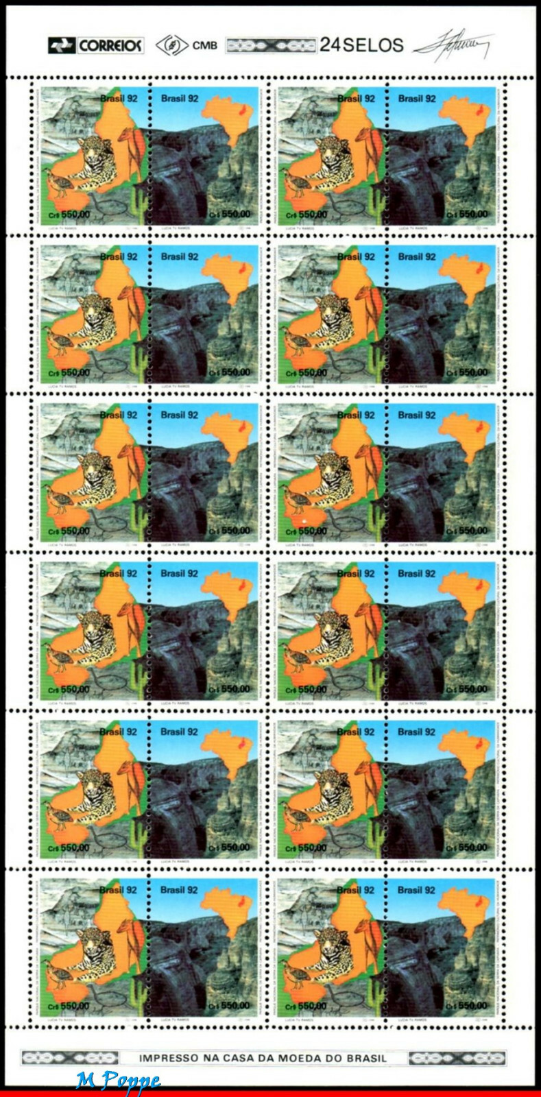 2383A BRAZIL 1992 CAPIVARA NTL PARK, LEOPARD, CANYON, MAP, MI# 2489-90 SHEET MNH