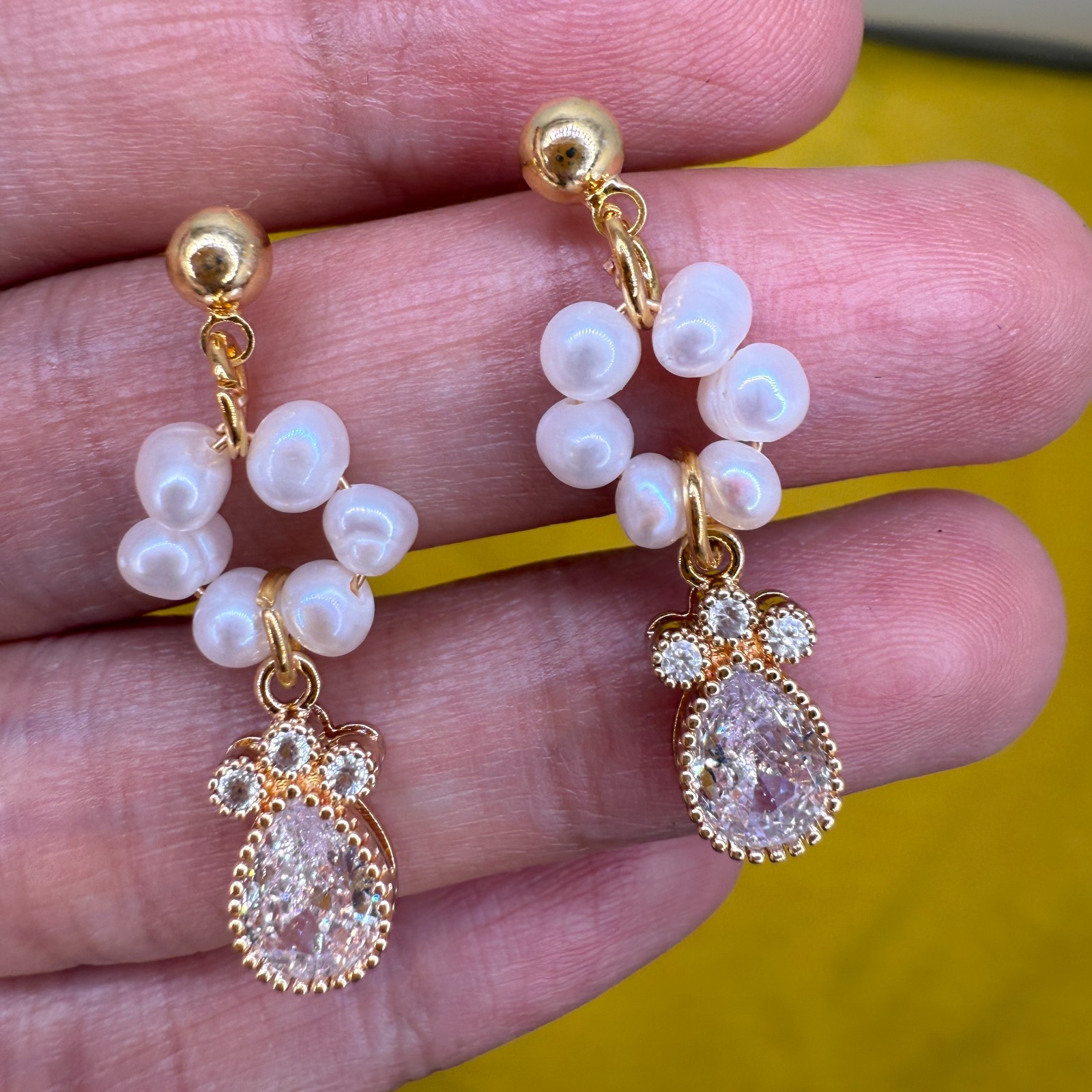 Natural Freshwater Pearl Earrings 14K Gold Plated Zircon Teardrop Jewelry Women