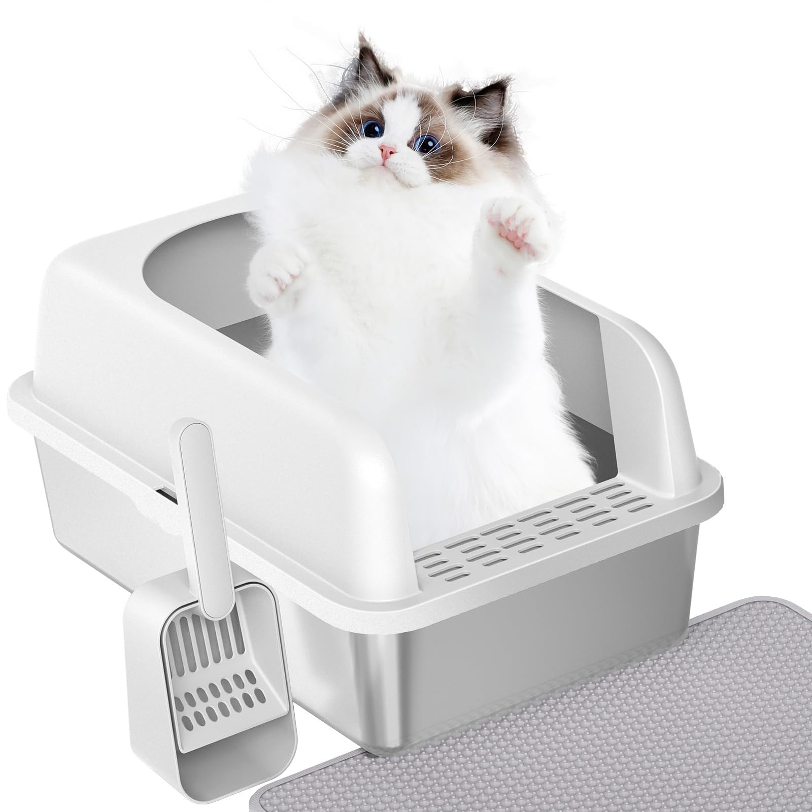 Stainless Steel Cat Litter Box with Lid, High Walls, Easy Clean, Mat Scoop