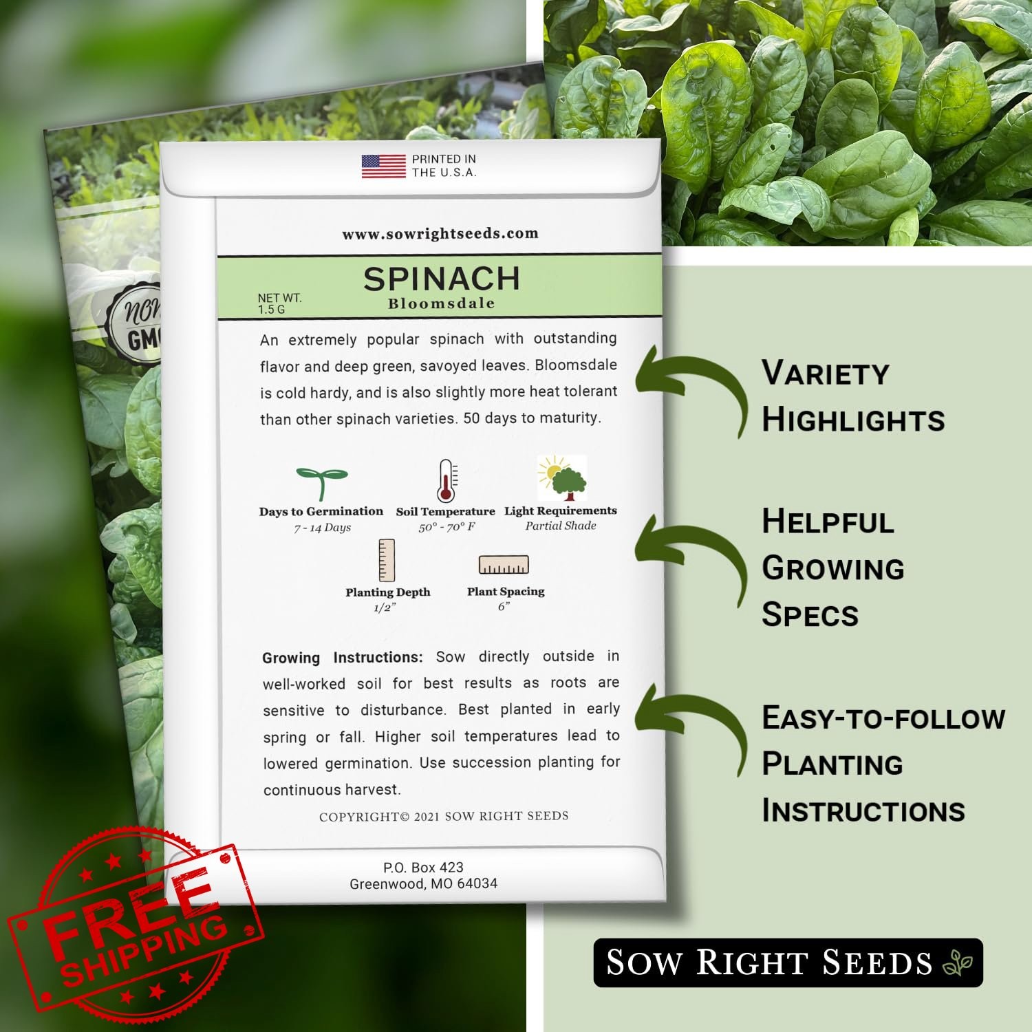 Sow Right Spinach Seeds Non-GMO Heirloom Packet Garden Vegetable Plant