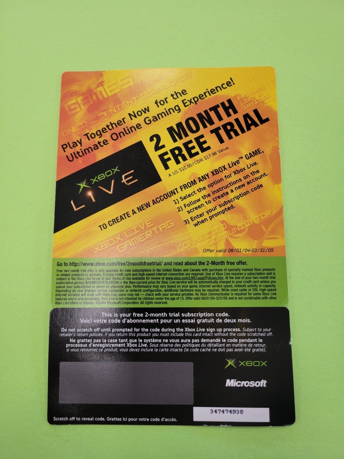 Original Xbox Live 2 Month Trial 2004 Unused Vintage Rare UNSCRATCHED