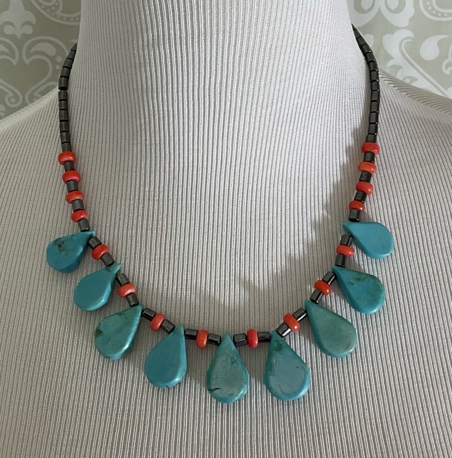 Handmade Turquoise Coral Hematite Tear Drop Slab Necklace Southwestern Boho