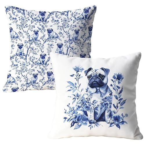 Chinoiserie Pug Dog Pillow Covers 18x18, Gifts for Pug Lovers Women, Color-07