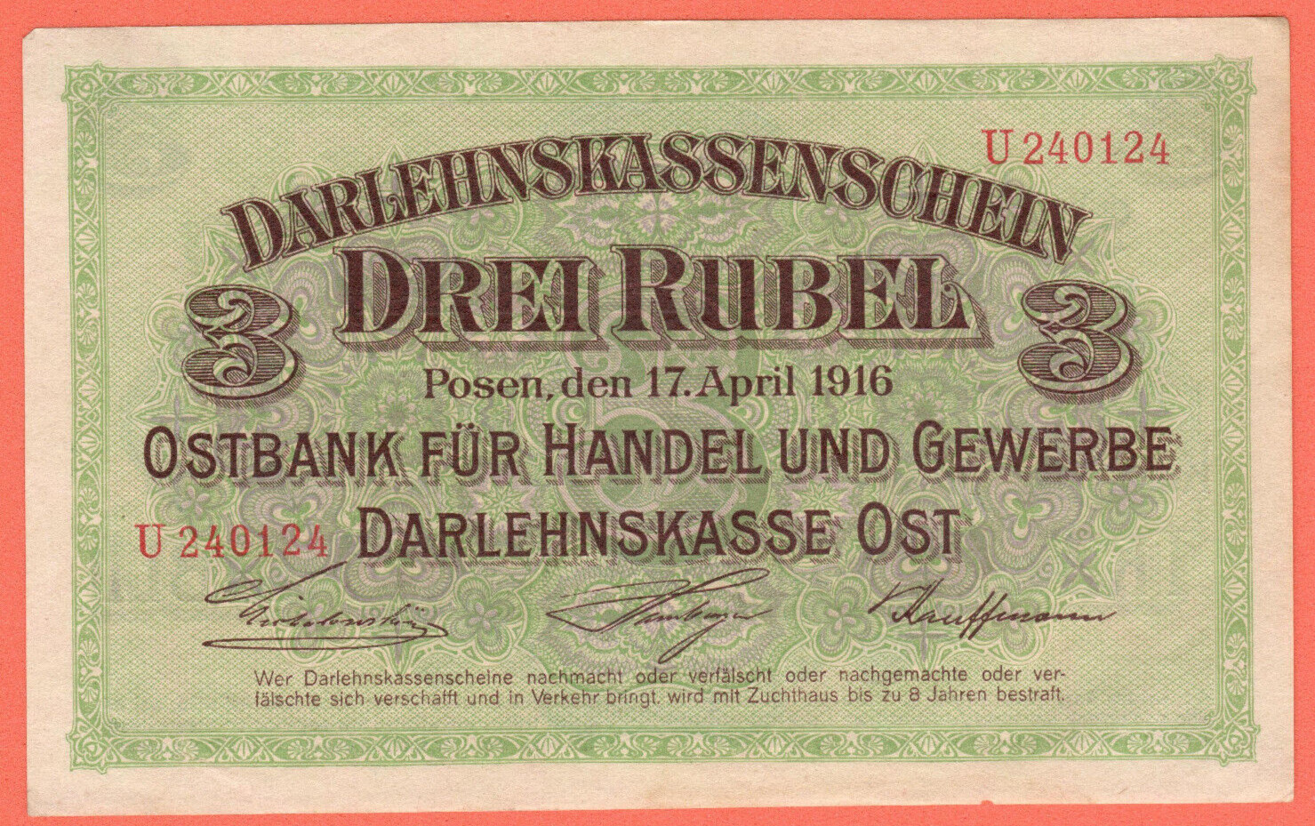 GERMANY OCCUPATION OF LITHUANIA WW l POSEN 3 RUBLE 1916s. P. R123 aUNC 4382