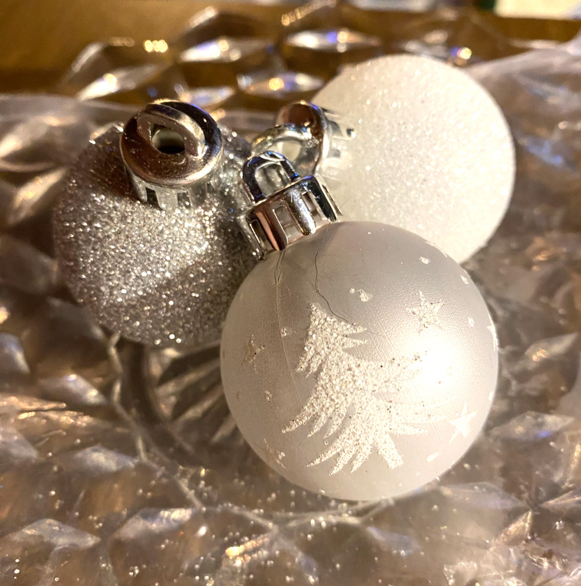3 White Silver Plastic Tree Glitter Christmas Ornaments 1 1/2"