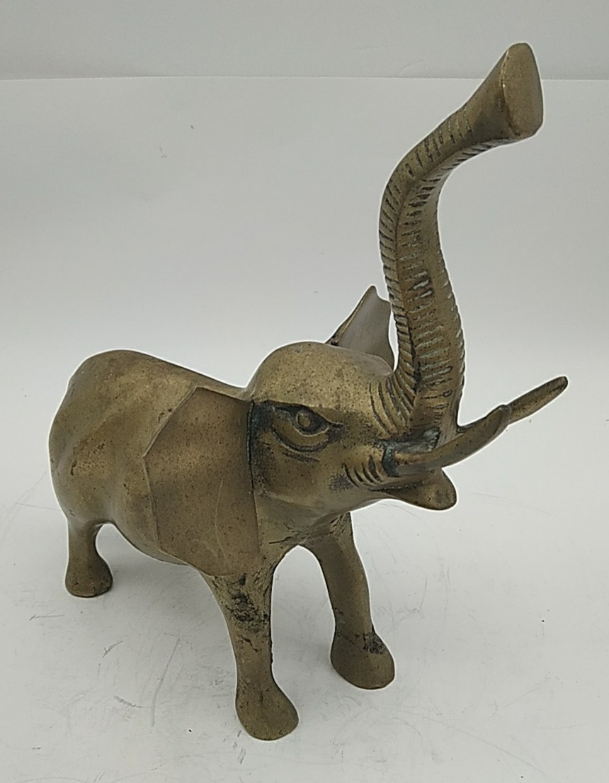 Vintage Large Brass Elephant Figure Statue Sculpture Trunk Up 10" Tall MCM Heavy