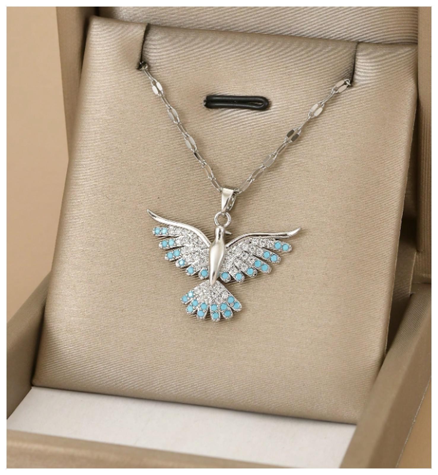 Blue and white flying bird - Necklace - Silver - CZs - 18"