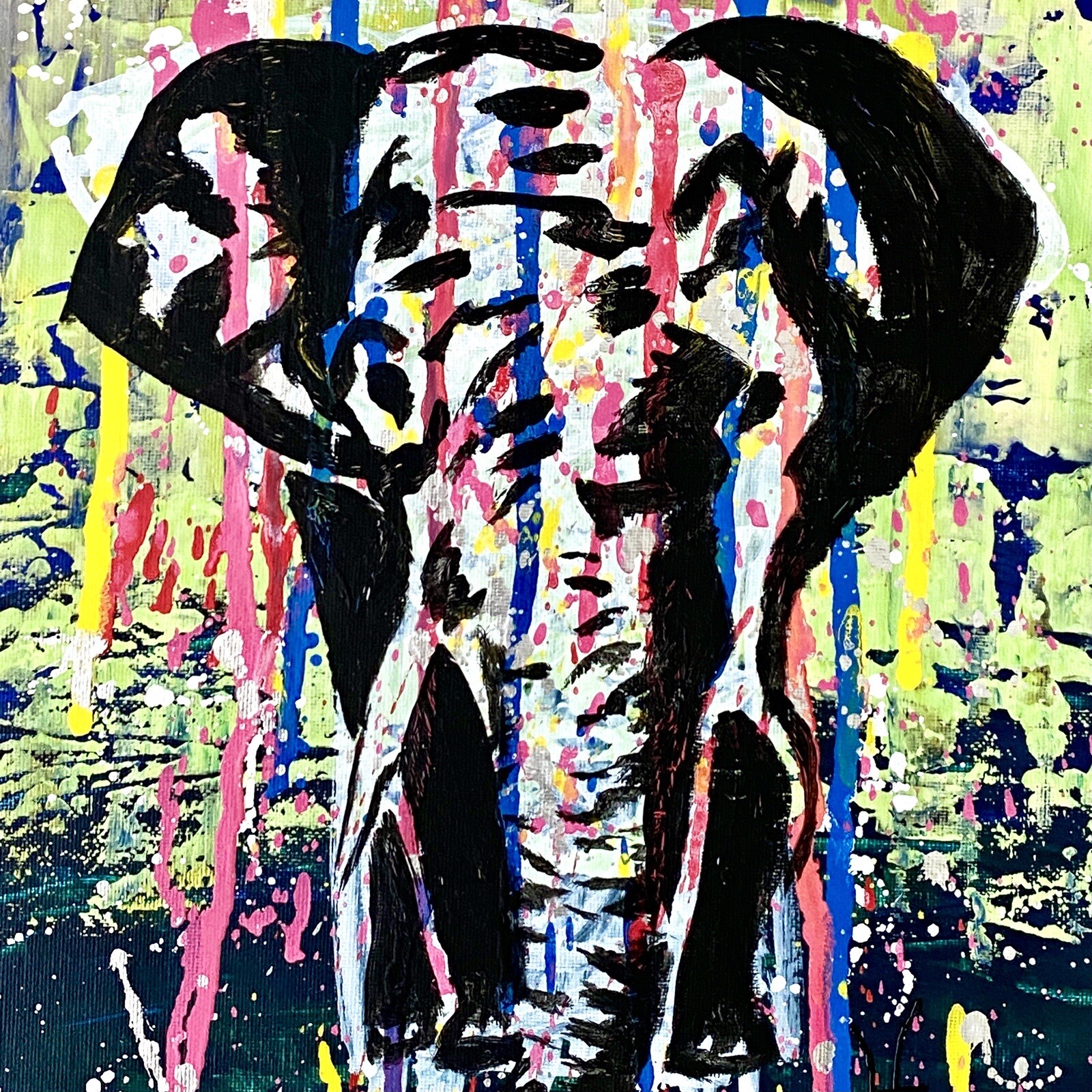 Colorful Elephant - Original Wall Art Handmade Mixed Media 11"x14" Painting